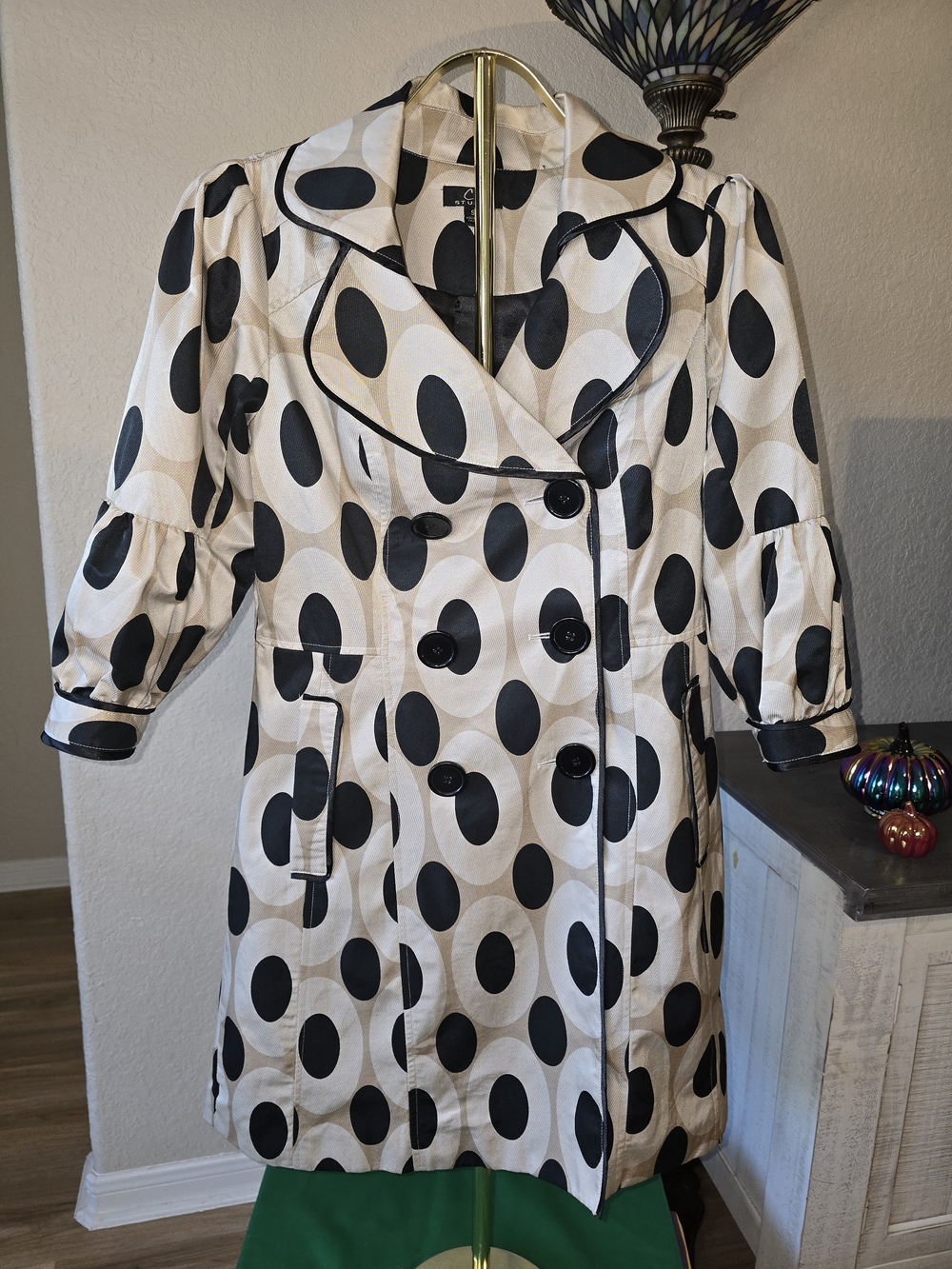 C2 by Calibrate Black and Cream Polka Dot Double-Breasted Pea Coat